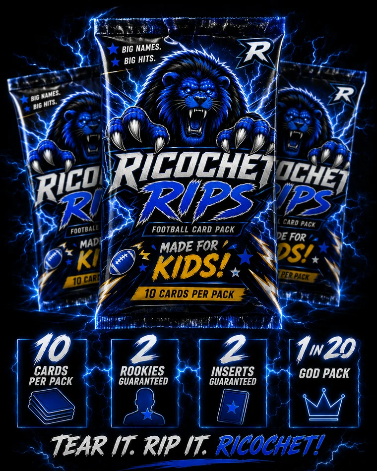 Ricochet Rips football card pack - 10 cards per pack, 2 rookies and 2 inserts guaranteed, 1 in 20 God Pack